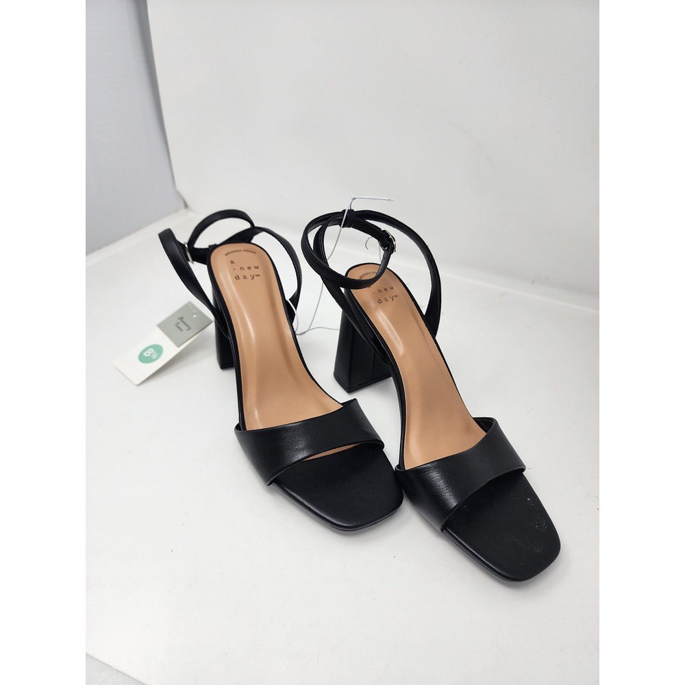 A New Day Womens Block Heel Sandals Black Faux Leather Casual Size 8.5